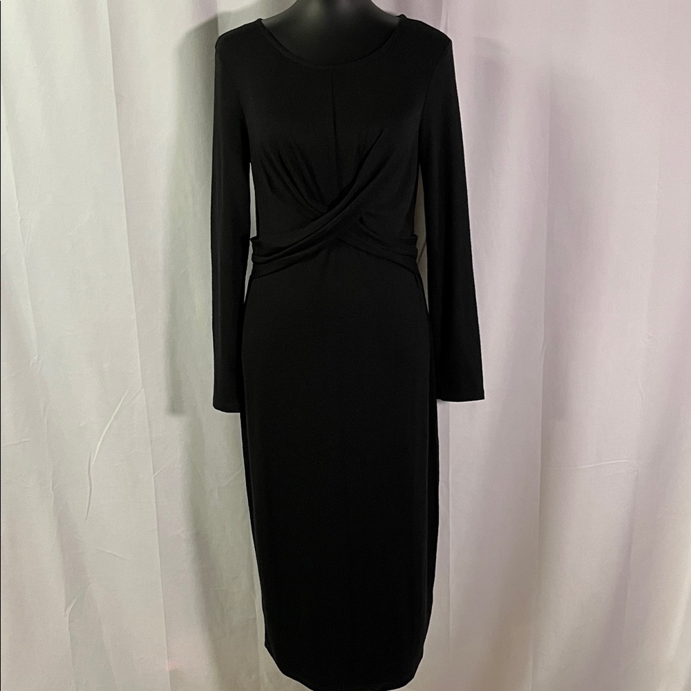 T Tahari Black Twist Front Long Sleeve Sleeve Knit Midi Dress